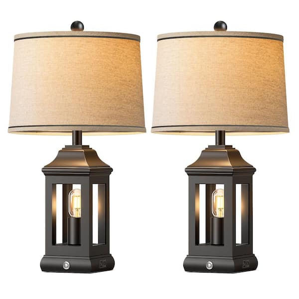 24 in. Rustic Resin Table Lamps Set of 2 Touch Dimmable Bedside Lamps with USB A+C Ports and Dual Light Sources, Black
