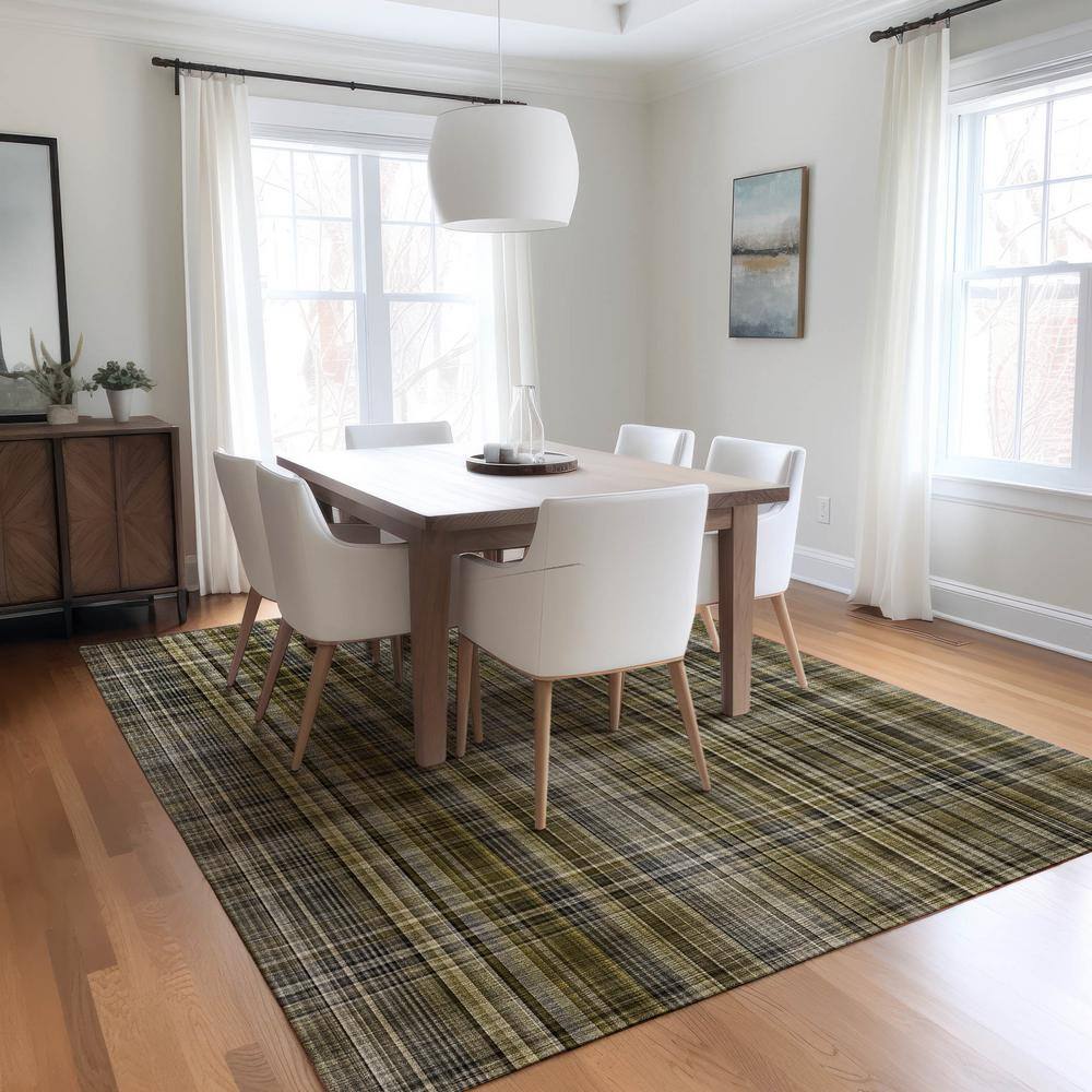 Taupe Plaid Synthetic 5' x 7' Washable Area Rug