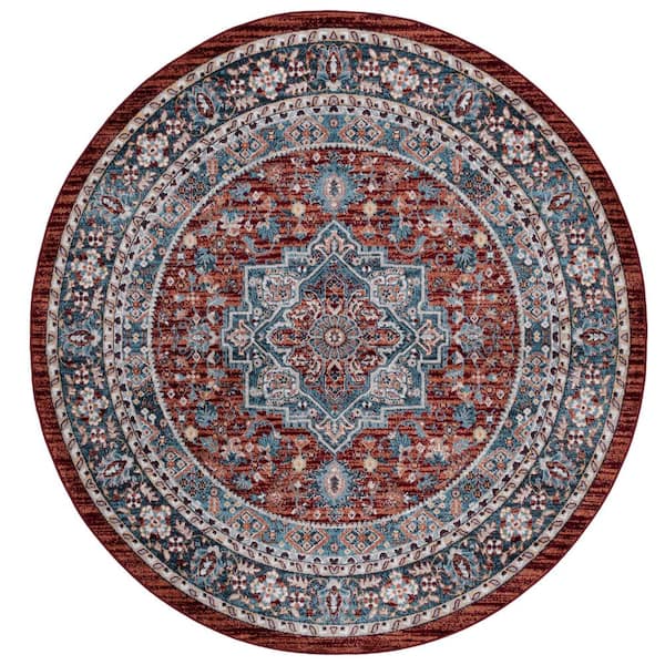 Bayside Red/Blue 7 ft. x 7 ft. Machine Washable Border Medallion Round Area Rug