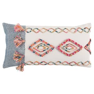 Multicolor Geometric Applied Recycled Fabric with Tassels Cotton Poly Filled 14 in. x 26 in. Decorative Throw Pillow