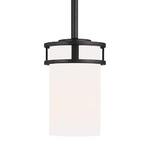 Robie 1-Light Midnight Black Craftsman Mini Pendant with Etched/White Inside Glass Shade