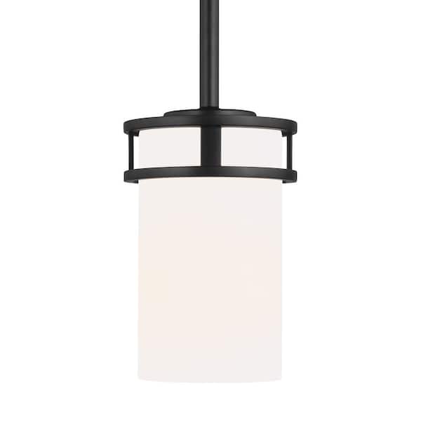 Generation Lighting Robie 1-Light Midnight Black Craftsman Mini Pendant with Etched/White Inside Glass Shade