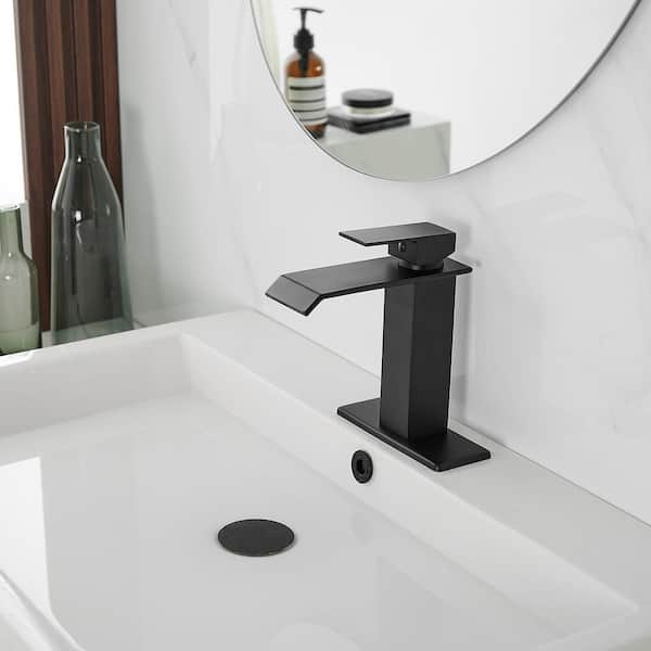 Waterfall Single Hole Single-Handle Low-Arc Bathroom Faucet With Supply Line in Matte Black