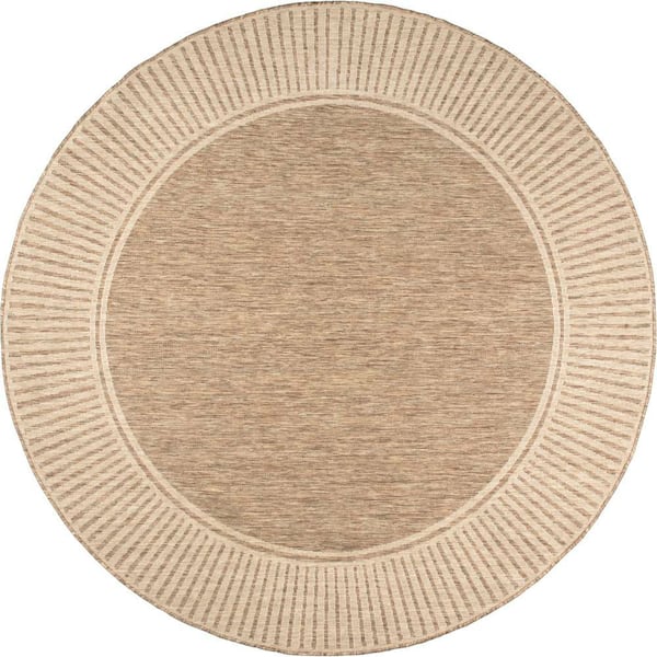 Striped Border Flatweave Light Brown 8 ft. Outdoor Area Rug