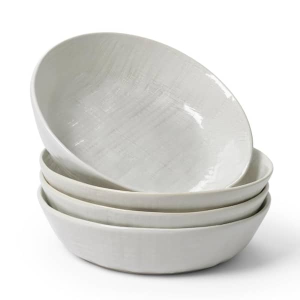 8.5 in Pasta Bowls Set of 4, 32 oz Stoneware Serving Bowls with Linen Finish White Kitchen Dinnerware