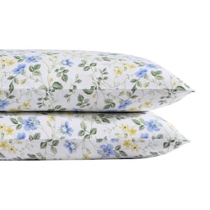 Meadow Floral 2-Piece Blue Cotton Standard Pillowcase Pair