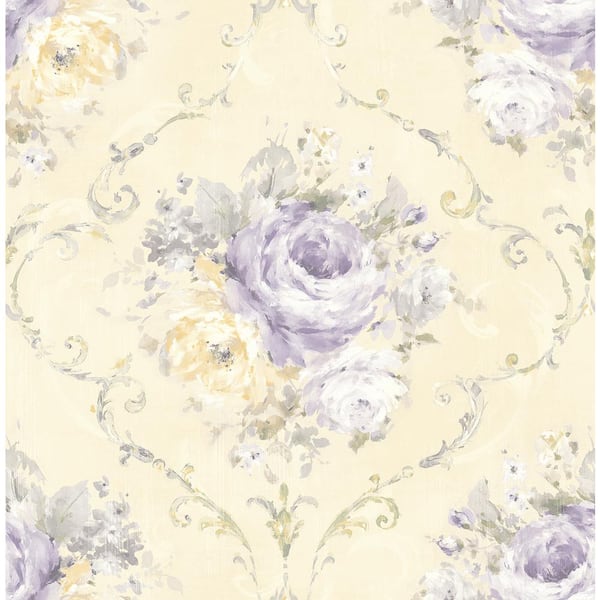 CASA MIA Medallion Flower Beige and Purple Paper Non-Pasted Strippable Wallpaper Roll (Cover 60.75 sq. ft.)