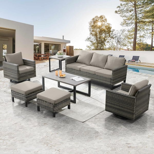 Gymojoy Valenta Gray Wicker 7-Piece Patio Conversation Set with Gray Cushions