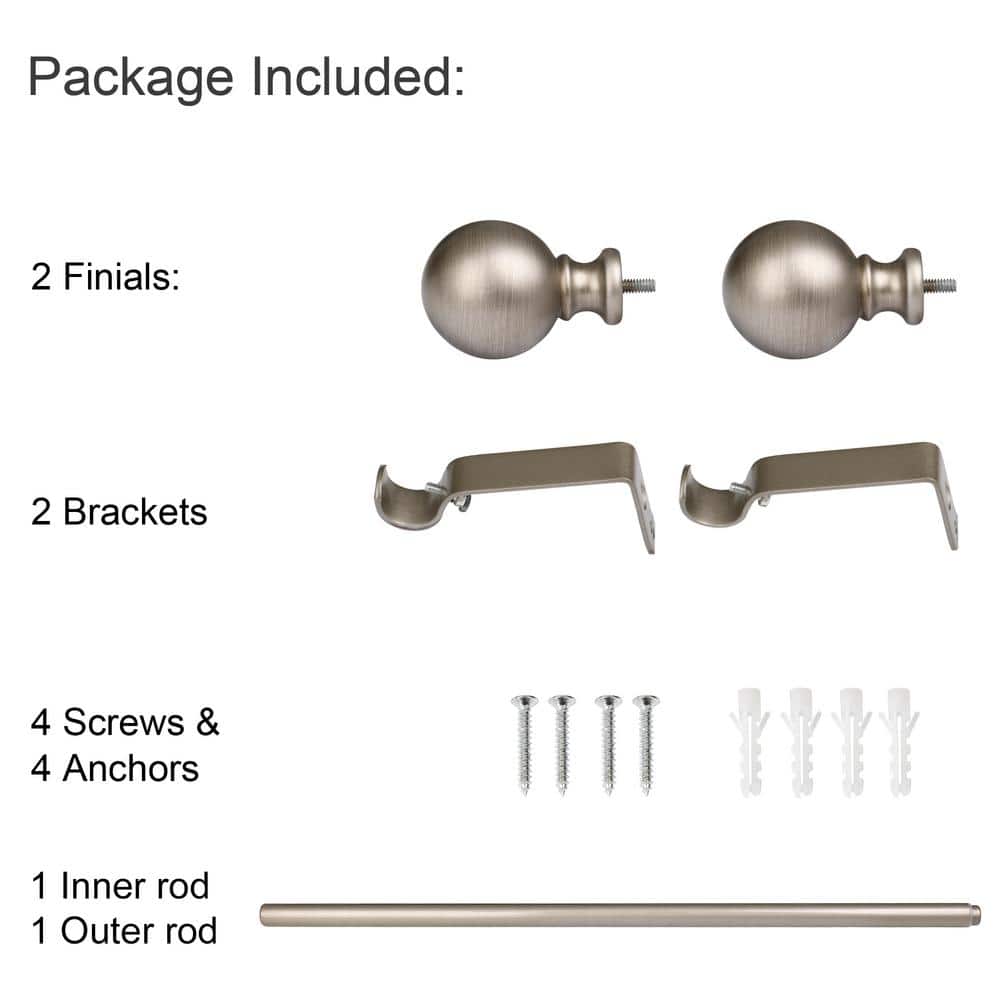 Satin Nickel Adjustable Curtain Rod with Round Finials, 28-48 in