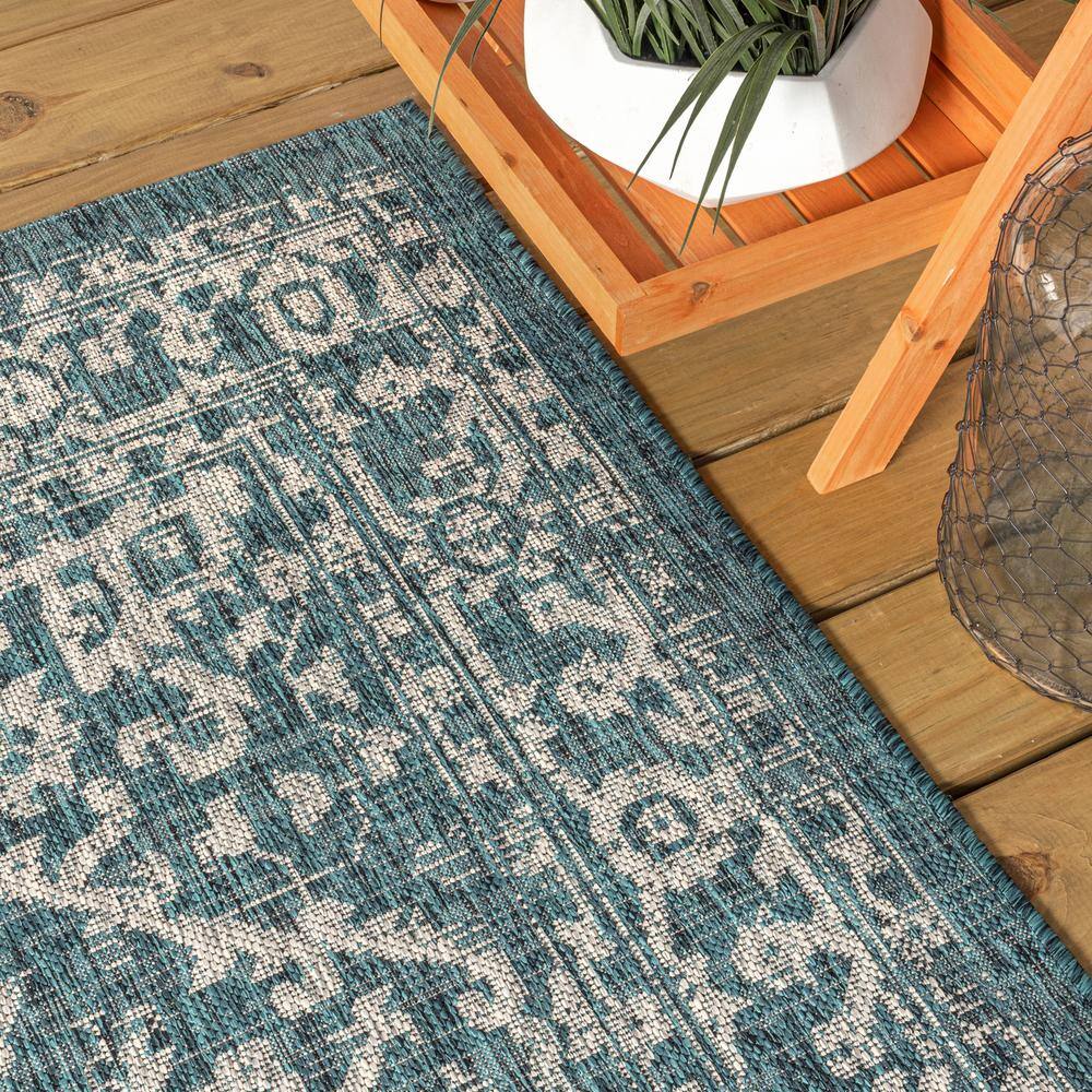 Teal and Gray Synthetic Medallion Runner Rug, 2'-2" x 8'
