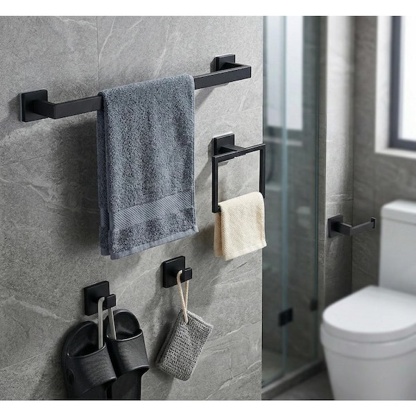 5-Piece Bath Hardware Set Bathroom Accessories Set with Toilet Paper Holder, Hooks, Towel Rack in Matte Black