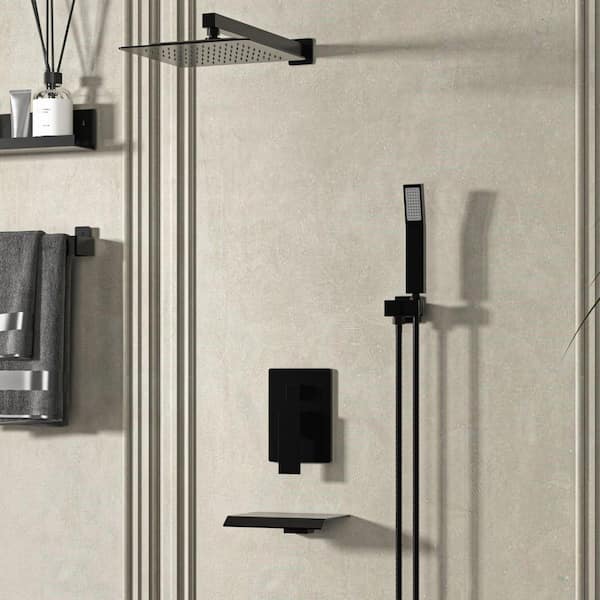 waterpar 1-Spray Square Shower System Fixed Shower Head and Tub Faucet with Hand Shower in Matte Black (Valve Included)