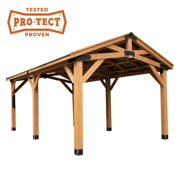 Backyard Discovery Norwood 20 ft. x 12 ft. All Cedar Wood Carport Pavilion Gazebo with Hard Top Steel Metal Peak Roof and Electric, Brown