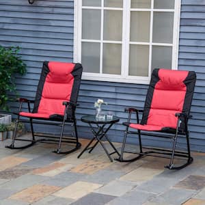 3-Piece Black Metal Outdoor Bistro Set with Side Table and Black/Red Cushions for Porch, Camping, Balcony