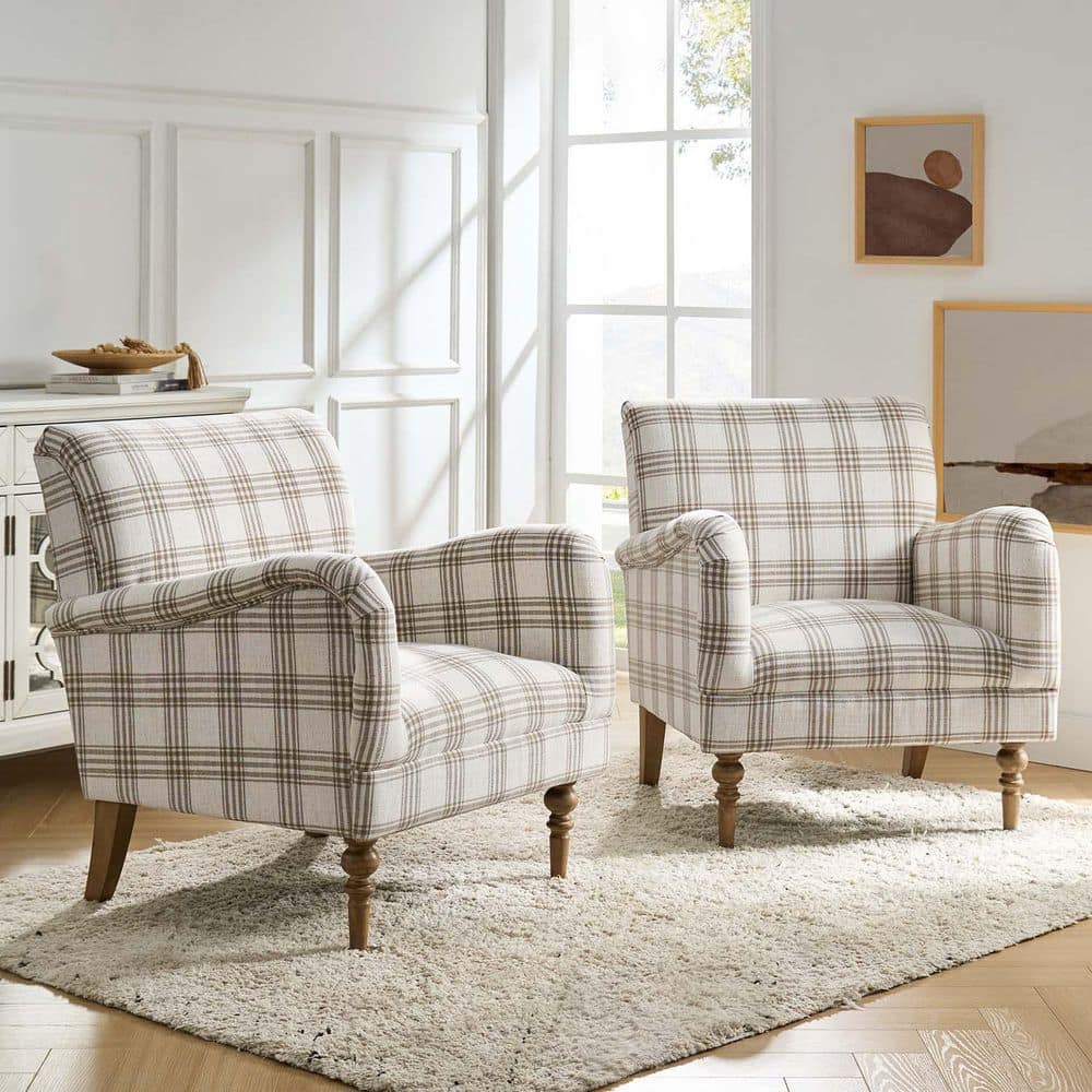Mandan Tan Contemporary and Classic Upholstered Plaid Pattern Accent Armchair with Turned Solid Wood Legs Set of 2 price history on PriceWatchPro
