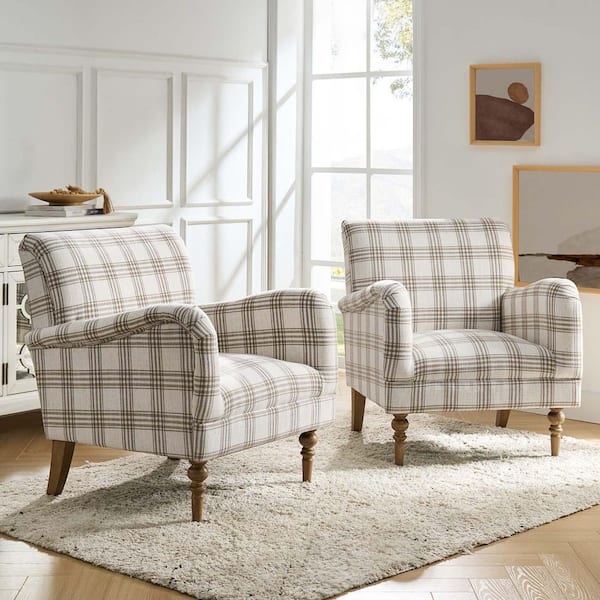 Mandan Tan Contemporary and Classic Upholstered Plaid Pattern Accent Armchair with Turned Solid Wood Legs Set of 2