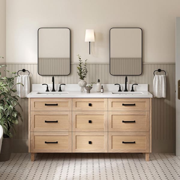Monroe 67 in. W x 22 in. D x 36 in. H Double Bath Vanity in Oak with Pure White Quartz Top