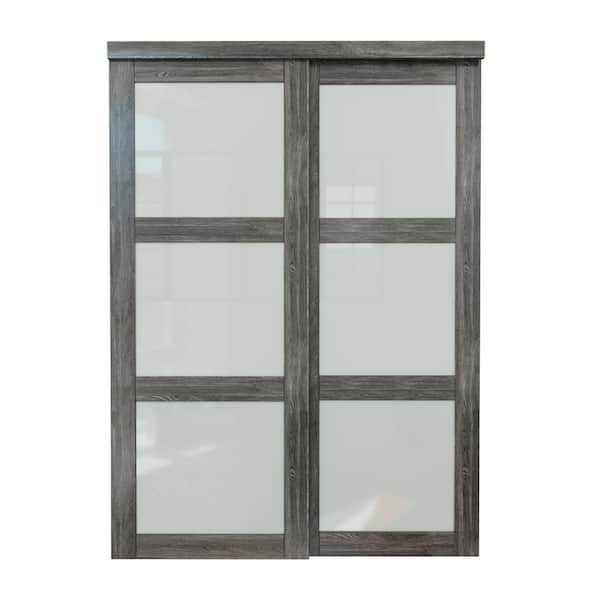 ARK DESIGN 60 in. x 80 in. 3-Lites Tempered Frosted Glass Dark Walnut MDF Closet Sliding Door with Hardware Kit