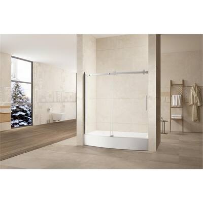 60 in. W x 58.5 in. H Bathroom Sliding Frameless Sliding Bathtub Door in Brushed Nickel, with Handle