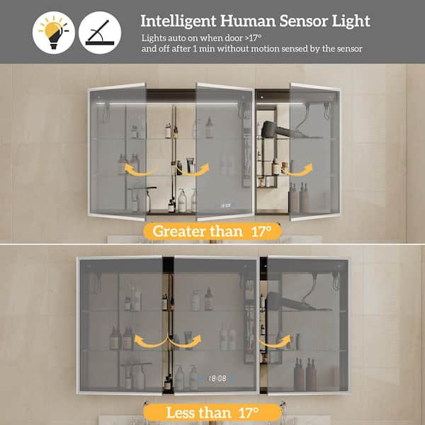 60 in. W x 36 in. H Large Rectangular Aluminum Dimmable Flowing LED Light Surface Mount Medicine Cabinet with Mirror