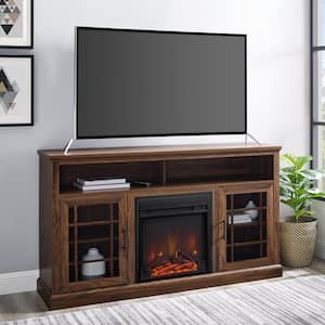 58 in. Dark Walnut Wood and Glass Windowpane TV Stand Fits TVs up to 65 in. with Electric Fireplace