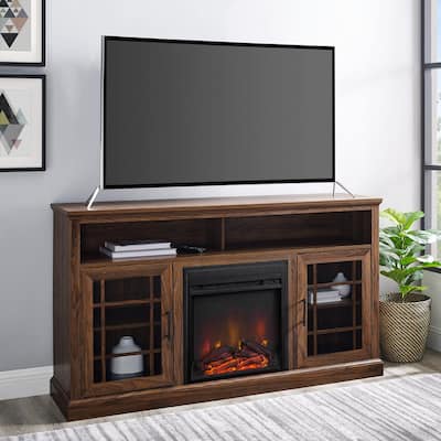 Welwick Designs 58 in. W Walnut Solid Wood TV Stand with Cutout Cabinet Handles (Max TV Size 65 in.)