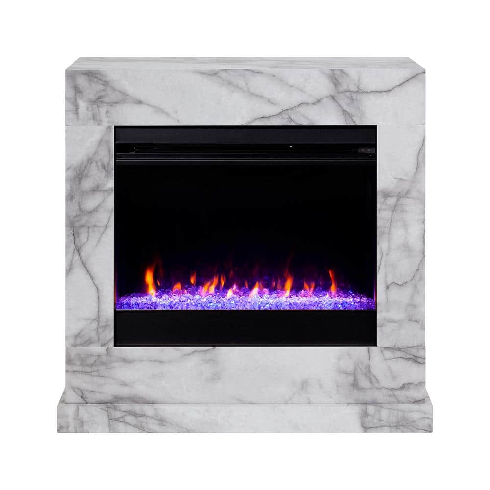 Southern Enterprises Barsdale Faux Marble Color Changing 34 in. Electric Fireplace in White and Gray, White faux marble finish w/ gray veining -  HD013664