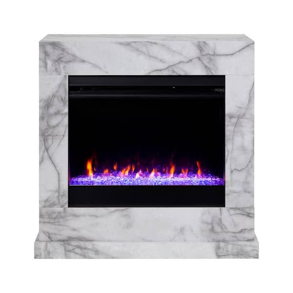 Southern Enterprises Barsdale Faux Marble Color Changing 34 in. Electric Fireplace in White and Gray