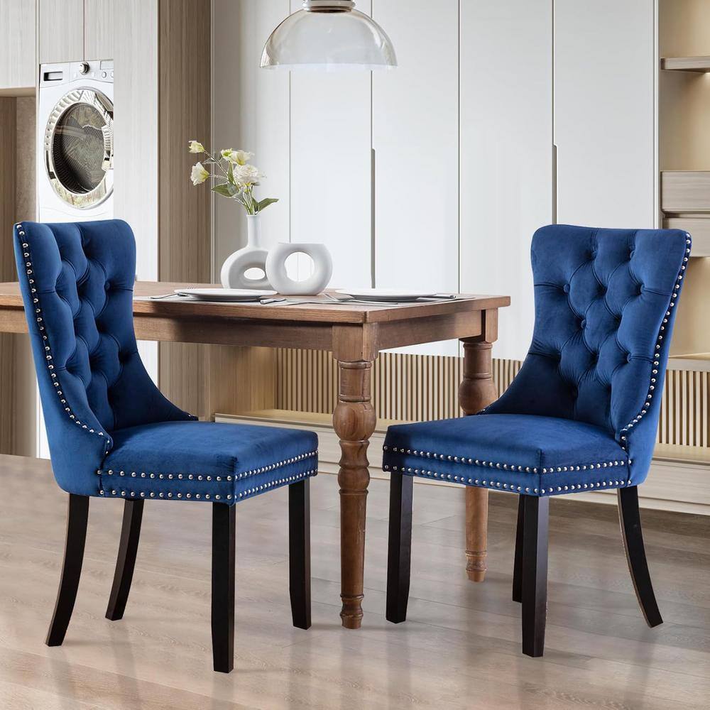 WONDER COMFORT Luxury Blue Velvet Dining Chairs Set of 2 Tufted Upholstered Wing Back Chairs with Back Ring Pull Nailhead Trim TN 1121 2pcs The