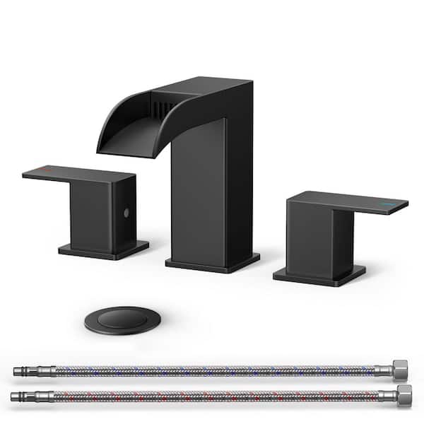 8 in. Widespread Double Handle Bathroom Faucet with Drip-Free Ceramic Disc Valve 1.5 GPM Waterfall Design in Black