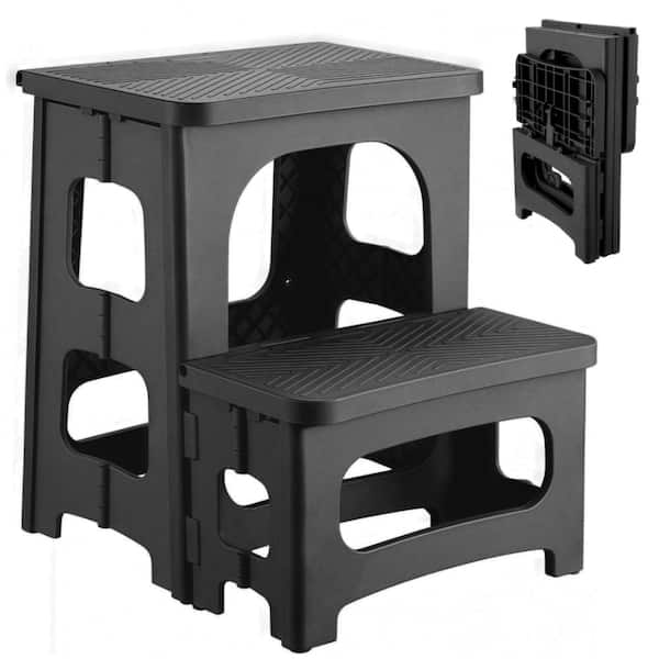 2 Step Foldable Stool with Non Slip Steps, Collapsible Plastic Step Ladder for Adults and Kids, 330 lb Capacity, Black