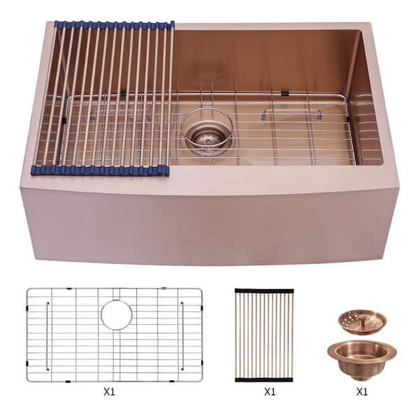 RAINLEX 33 in. L x 21 in. W Farmhouse Apron Front Single Bowl 16-Gauge Stainless Steel Kitchen Sink in Rose Gold