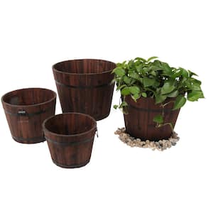 Medium Barrel Style 18 in. W x 18 in. D x 14 in. H Round Wooden Brown Planters (4-Pack)