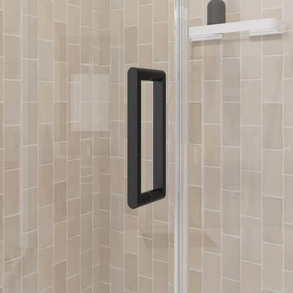 Manhattan 43 in. to 45 in. W x 68 in. H Pivot Frameless Shower Door with Clear Glass in Matte Black