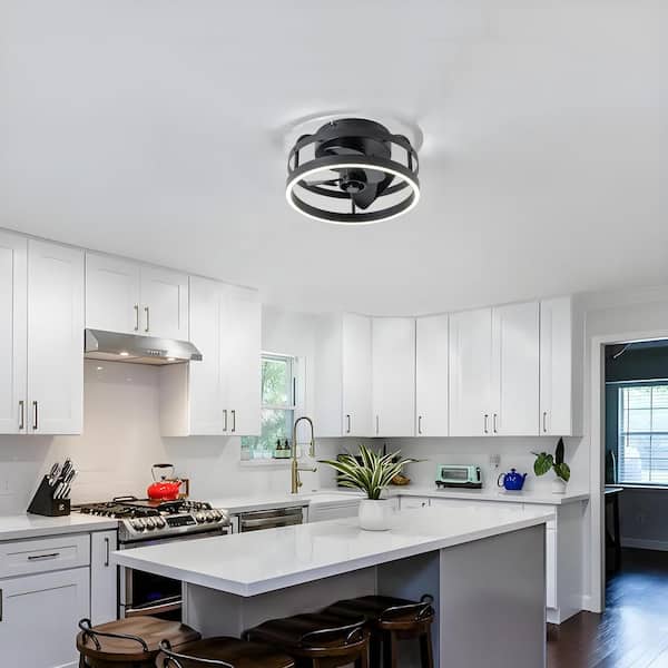 12 in. Smart Indoor Black Low Profile Flush Mount Ceiling Fan with Integrated Dimmable LED with Remote Included