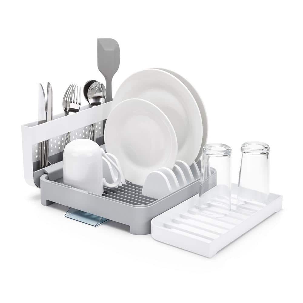 White and Gray Foldable Plastic Countertop Dish Rack with Utensil Cup