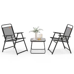3-Piece Metal Patio Bistro Set Outdoor Folding Chairs and Table Set Balcony Yard Poolside Black
