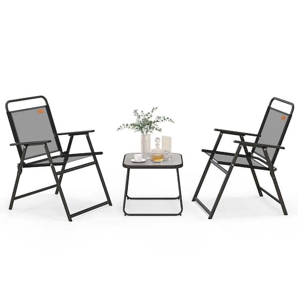 Gymax 3-Piece Metal Patio Bistro Set Outdoor Folding Chairs and Table Set Balcony Yard Poolside Black