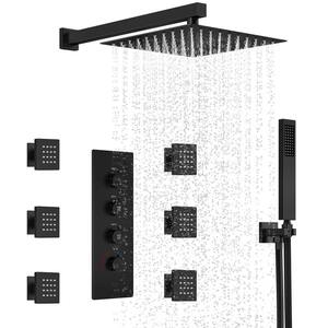 7-Spray Patterns Thermostatic 12 in. Wall Mount Rain Dual Shower Heads with 6-Jet in Matte Black (Valve Included)