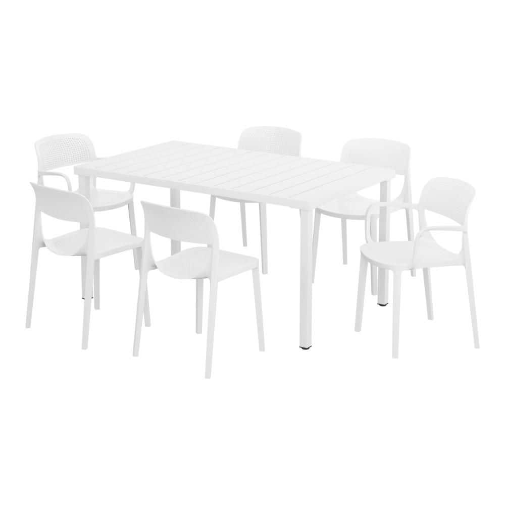 Frond and Form Modern Outdoor Patio Poly Plastic 7-Piece Rectangle Table Dining Set w/ 6 Stackable Chairs in White price history on PriceWatchPro