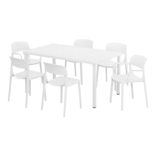 Frond and Form Modern Outdoor Patio Poly Plastic 7-Piece Rectangle Table Dining Set w/ 6 Stackable Chairs in White