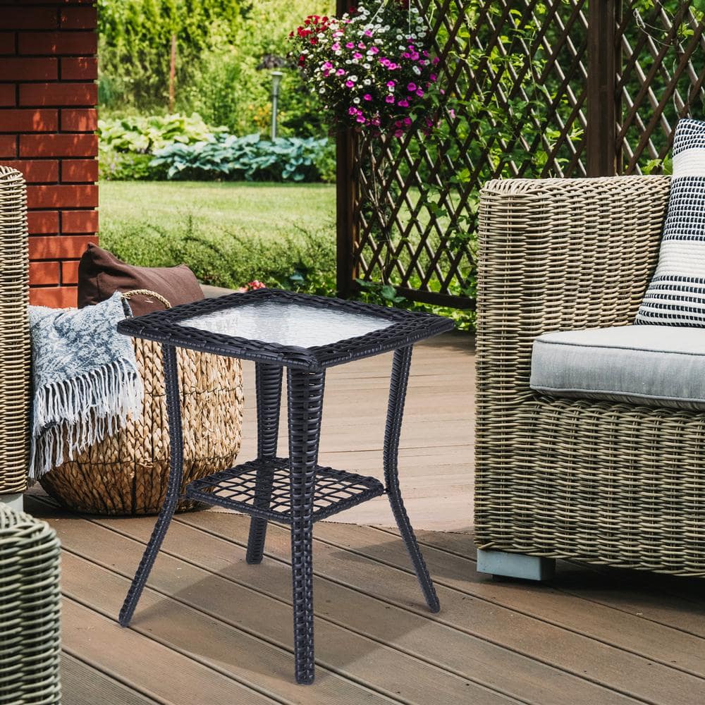 Black Wicker Outdoor End Table with Glass Top and Storage