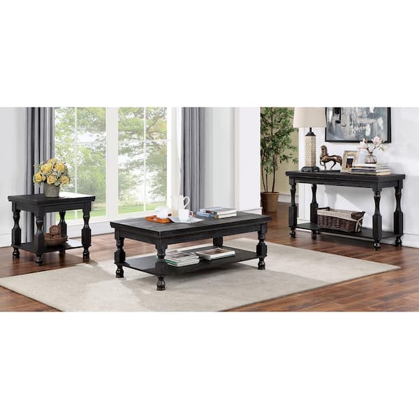 Furniture of America Heavenly 3-Piece 47.5 in. Antique Black Rectangle Wood Coffee Table Set with Shelf