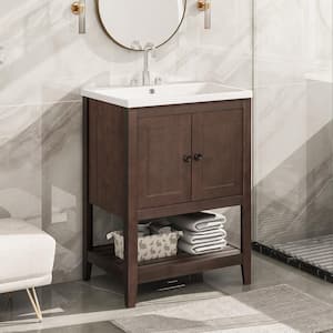 24 in. Modern Freestanding Small Bathroom Vanity Storage Wood Cabinet in Gray with Brown Caremic Top and Open Shelf