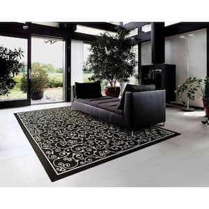 Home and Garden Pavilion Black 8 ft. x 11 ft. Floral Transitional Indoor/Outdoor Patio Area Rug