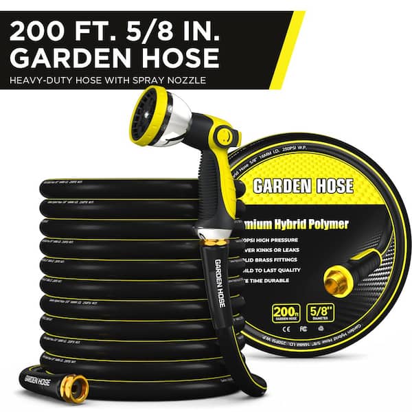 Garden Hose 5/8 in. Dia x 200 ft. Heavy-Duty 250 PSI Rubber 3-Layer With Handheld Nozzile