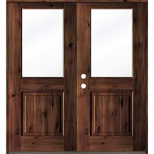 64 in. x 80 in. Rustic Knotty Alder Wood Clear Half-Lite red mahogony Stain/VG Right Active Double Prehung Front Door