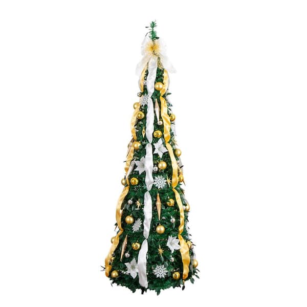 6 ft. Pre-Lit Artificial Pop up Christmas Tree with Gold and Silver Ornaments, Ribbons and 150-Warm White LED Lights