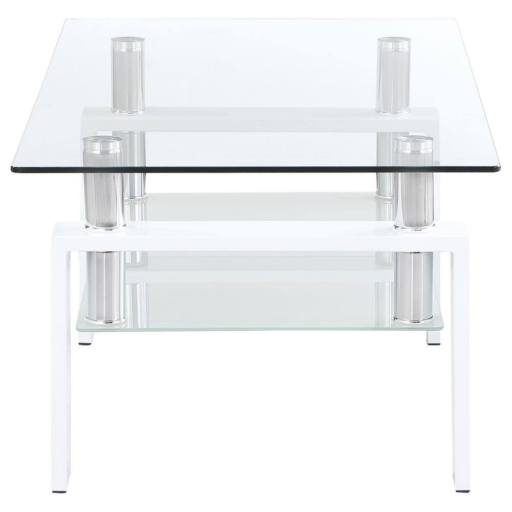 Contemporary Rectangular Glass Coffee Table with White Metal Frame and Shelf