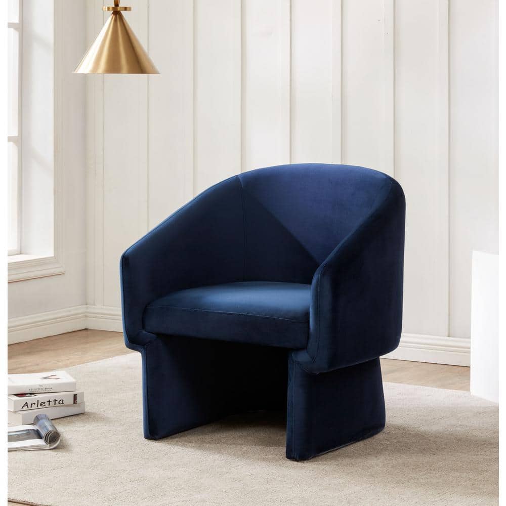 Contemporary Navy Velvet Barrel Accent Chair with Wood Base